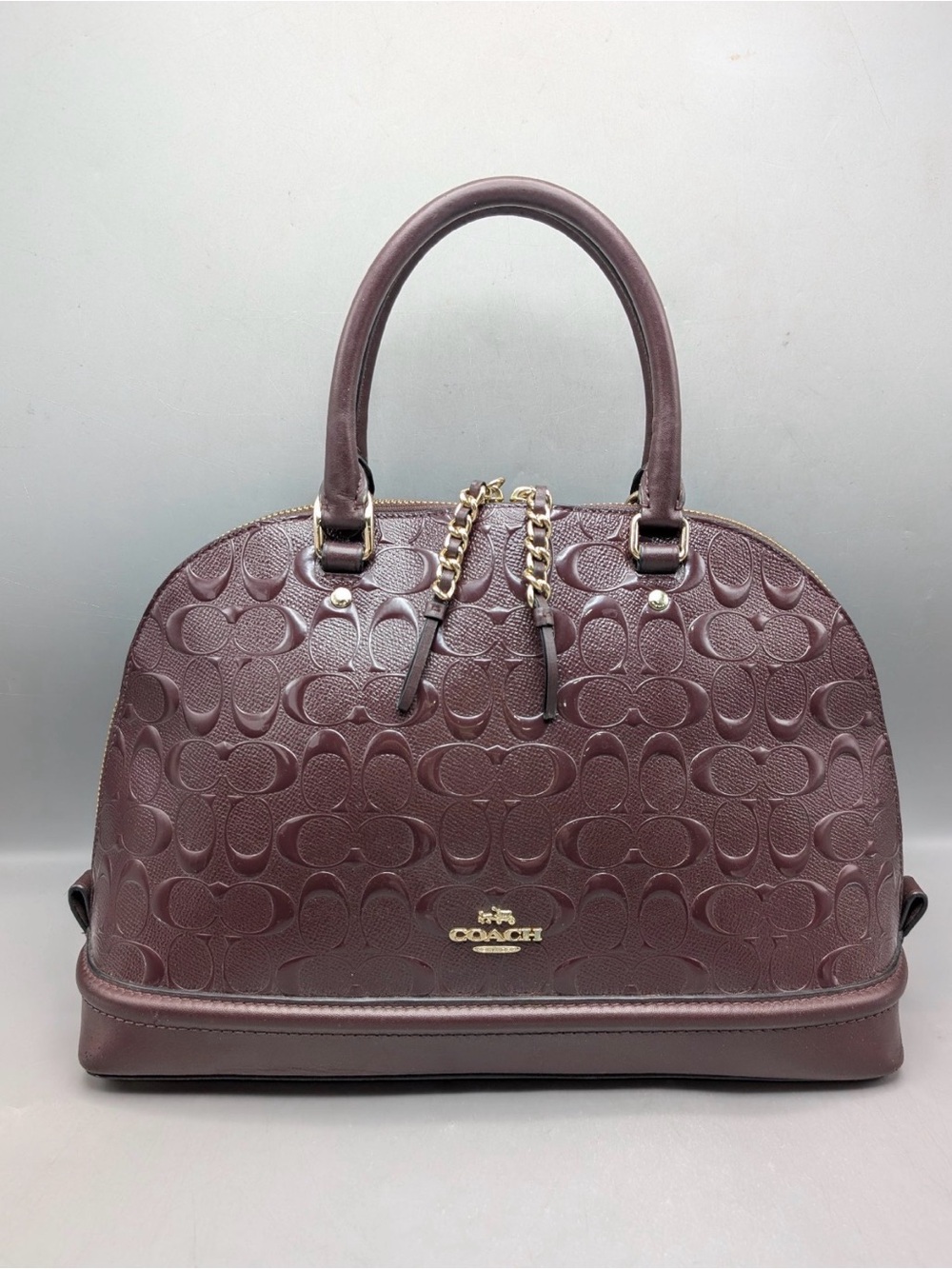 Coach Signature Embossed Dome Satchel in Plum Burgundy with Gold Hardware